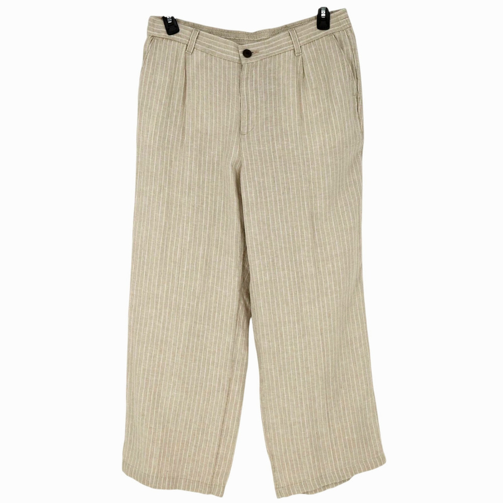 Lands End Pants Petites 14P Linen Beige White Stripe Wide Leg High Rise Coastal